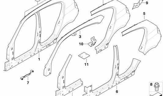 Pilar A exterior izquierdo OEM 41217157253 para BMW E87 (116d, 116i) modelos con motor N45, N43, N47. Años 2007–2011. Pieza original BMW.