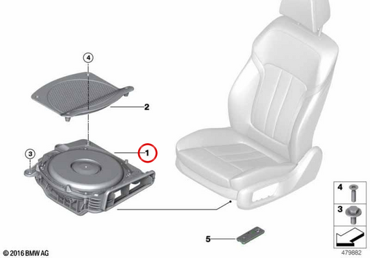 Alto-falante subwoofer central esquerdo OEM 65135A5AF87 para BMW Série 5 G60, G61. BMW genuíno.