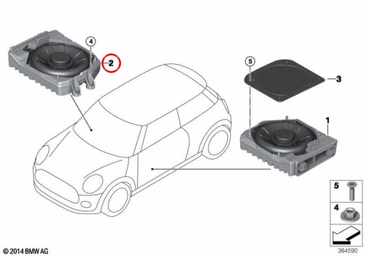 Haut-parleur de graves droit OEM 65137927998 pour BMW Série 1 F40, Série 2 F44, X1 F48, X2 F39 et MINI F54, F55, F56, F57, F60. Original BMW et MINI