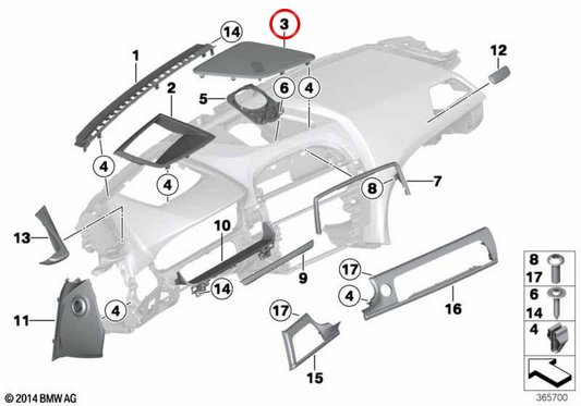 Cubierta altavoz central OEM 65139286645 para BMW F06, F12, F13. Original BMW.