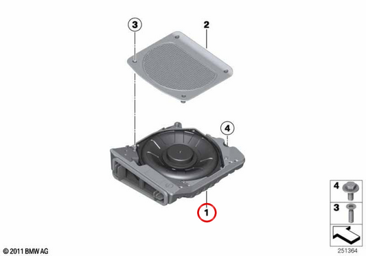 Altavoz subwoofer izquierdo OEM 65139858623 para BMW U06, U11, U10. Original BMW.