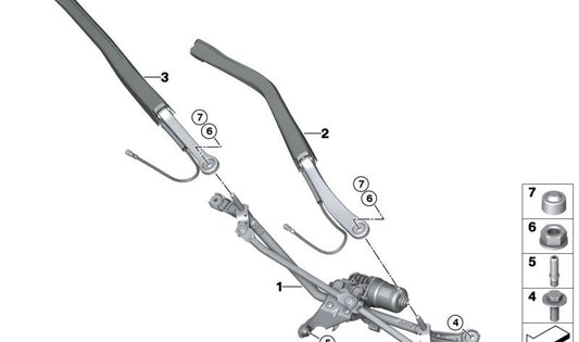 Windshield Wiper Mechanism with Motor for BMW 7 Series G70 (OEM 61615A709C2). Original BMW.