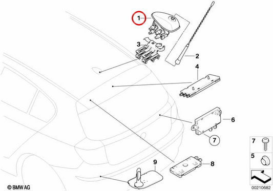 Base de antena OEM 65206925359 para BMW E81, E87. Original BMW.