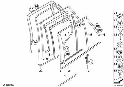 Moldura marco de ventana pilar B puerta trasera izquierda para BMW E70, E70N (OEM 51357207835). Original BMW.