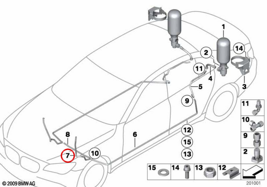 Extinguish Tubi di sottomissione MOTORE SINISTRA OEM 65727258553 per BMW E70, E71, F01, F02, F10, F11, F12, F13, F15, F16, F30, F31, F32, F34, F36, G11, G12. BMW originale.