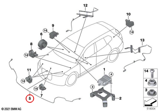 Pedestrian protection sensor OEM 65765A26F19 for BMW IX I20 (M60, XDRive50, XDRive40). Compatible with models made between 07/2021 and 02/2025. Original BMW.
