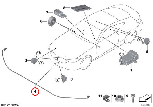 Sensor de protección para peatones PTS OEM 65765A4FAA3 para BMW F90, G30, F91, F92, F93, G14, G15, G16, G29. Original BMW.