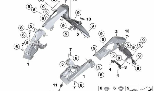 Revestimiento interior delantero derecho OEM 46638557414 para motos BMW K1600 GT, GTL, Bagger (K48, K61). Original BMW Motorrad.