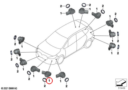 Sensore ultrasuoni PDC/PMA BlueBayLagoon metallizzato OEM 66205A2DA10 per BMW Serie 2 U06 Active Tourer, X1 U11… e altri. Originale BMW