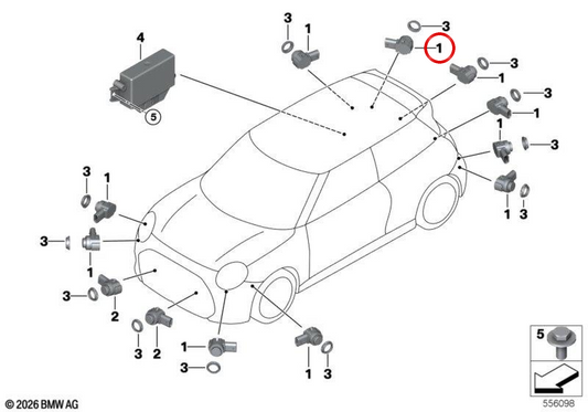 Chili II Red Ultraschall-Hecksensor OEM 66205A675A0 für MINI F66, Cooper J01, F65, Cabrio F67, Countryman U25... und mehr. Originaler MINI.