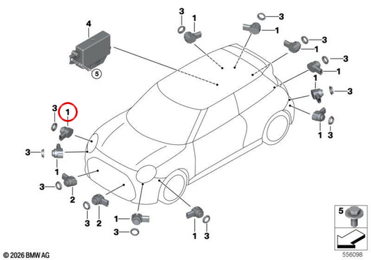 Ultraschallsensor Parken Indigo Sunset Blue OEM 66205A675A2 für MINI F65, F66, F67, J01, U25… Original MINI.
