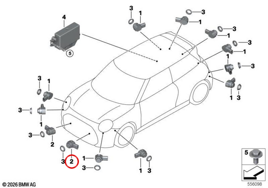 Sensor de ultrasonidos plata Melting OEM 66205A74239 para MINI F65, F66, F67 Cabrio, J01, U25 Countryman... y más. Original MINI