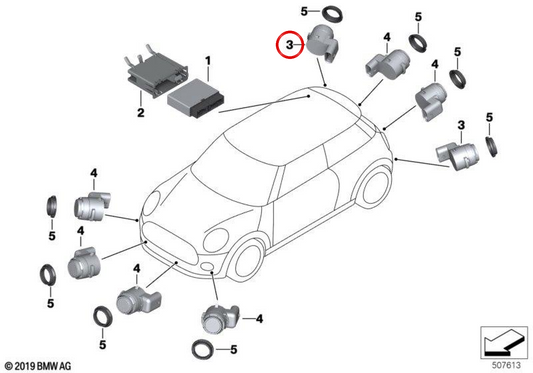 Sensor de ultrasonidos PDC gris Moonwalk OEM 66209302467 para MINI F54 Clubman, F55, F56, F57 Cabrio, F60 Countryman... y más. Original MINI