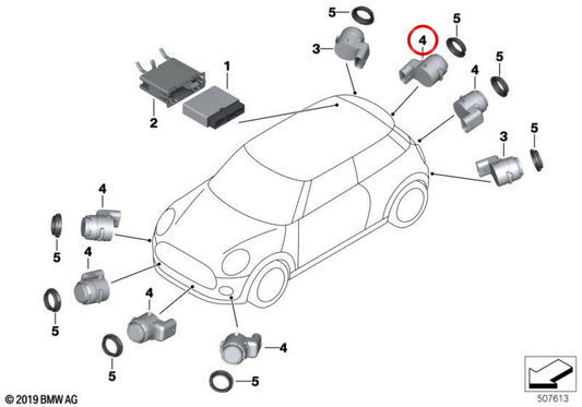 Sensor ultrassónico de estacionamento verde British Racing OEM 66209302471 para MINI F54 Clubman, F55, F56 e F57 Cabrio… e mais. Original MINI