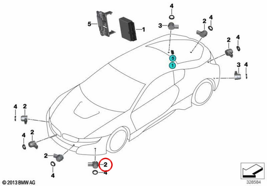 Sensor de ultrasonidos PDC plata Ionic OEM 66209302569 para BMW i3 I01, i8 Coupé I12, i8 Roadster I15... y más. Original BMW