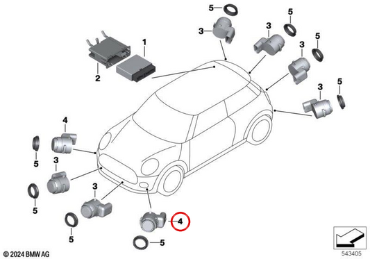 Sensor ultrassônico frontal cinza OEM 66209824306 para MINI F56, F55 LCI, Clubman F54 LCI, Cabrio F57... e muito mais. MINI originais.