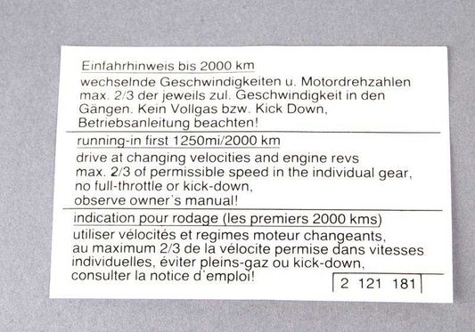 Warnplatte auf Drehanweisungen für BMW Series 3 E21, E30, E36, Serie 5 E12, E28, Serie 6 E24, Serie 7 E23, E32, E38, Serie 8 E31 (OEM 51142121181). Original BMW