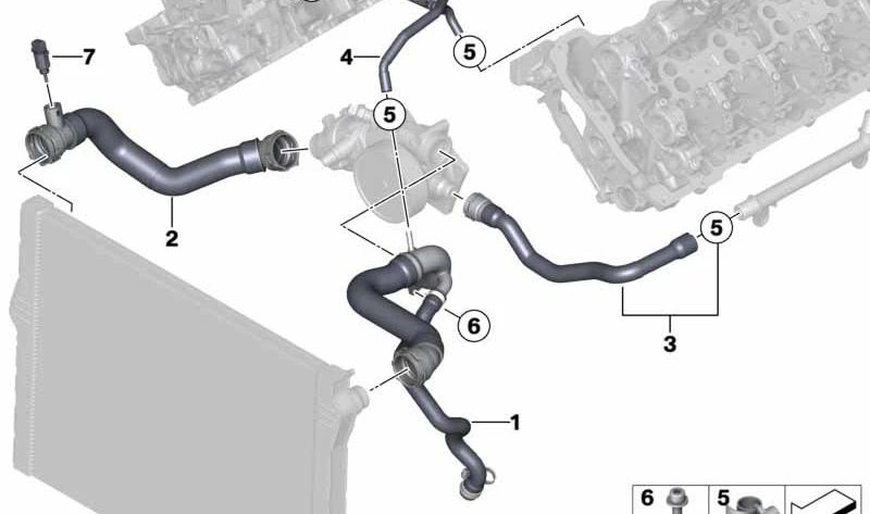 Tubo conector de refrigerante al termostato OEM 11537848370 para BMW X5 M F85 y X6 M F86. Original BMW.