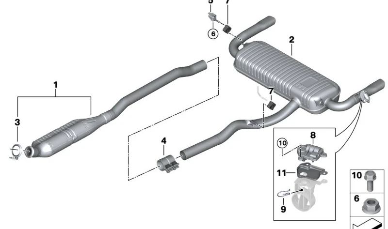Silencioso trasero con válvula de escape OEM 18309494469 para BMW F44. Pieza original BMW.