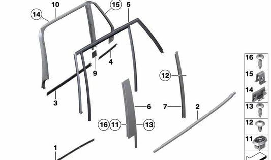 Embellecedor guía ventana derecha OEM 51352990886 para BMW X1 E84 (modelos sDrive16d, sDrive16i, sDrive18d). Acabado en negro brillo. Original BMW.