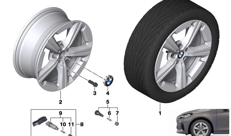 Llanta de aleación ligera 17" gris lightning OEM 36116891173 para BMW U06 y U11 {216i, 218d, 218i, 220d}. Original BMW.