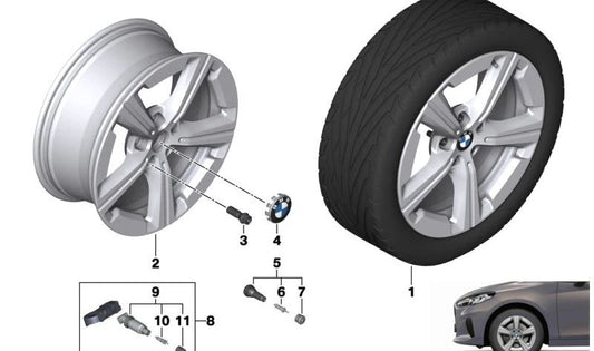 Llanta de aleación ligera 17" gris lightning OEM 36116891173 para BMW U06 y U11 {216i, 218d, 218i, 220d}. Original BMW.