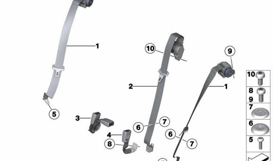 Cinturón de seguridad trasero OEM 72112991295 para BMW X1 E84 sDrive16d, sDrive16i, sDrive18d. Compatible con modelos manuales y automáticos (2009–2015). Original BMW.