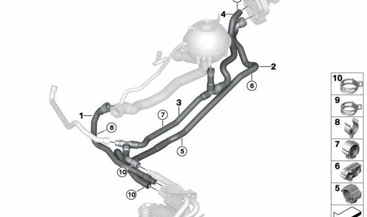 Manguera de retorno del refrigerante OEM 64219305625 para BMW X3 F25 y X4 F26. Original BMW.