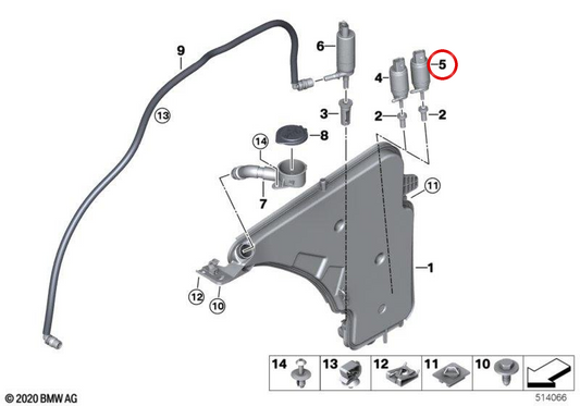 Pompe à eau pour l'essuie-glace 67127298309 pour BMW F44, G42, G87, F30, F35, G20, G21, G28, G80, G22, G23, G26, G82, G83, G38, G12, E84, G02, F98, G29. BMW d'origine.