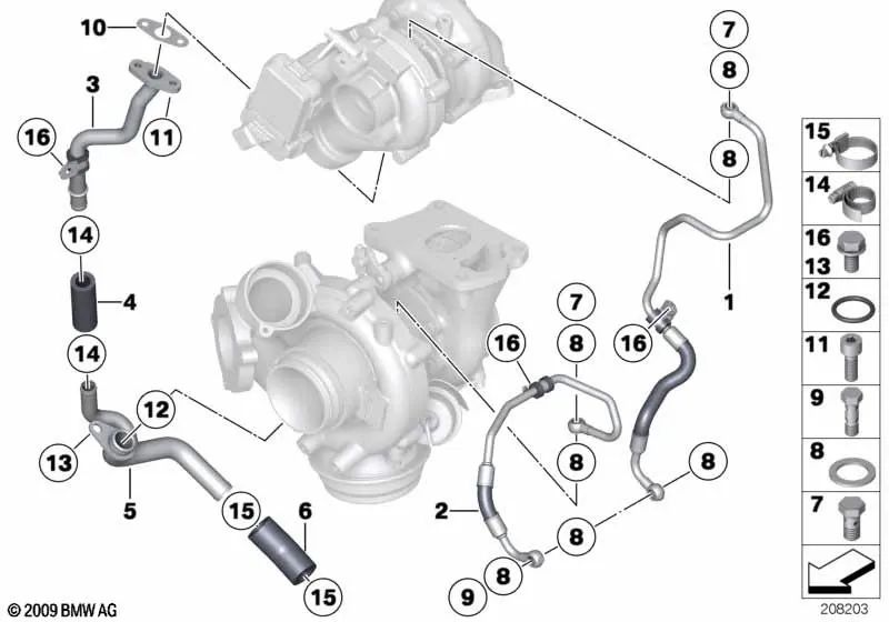 BMW Oil Pipe 3 F30 -Serie, F31, F34, 4 F32 -Serie, F33, F36, 5 F07, F10, F11, Serie 6 F06, F12, F13, 7 F01n, X3 F25, X4 F26, X5 F15, X6 F16 (OEM 11428508038). Original BMW.