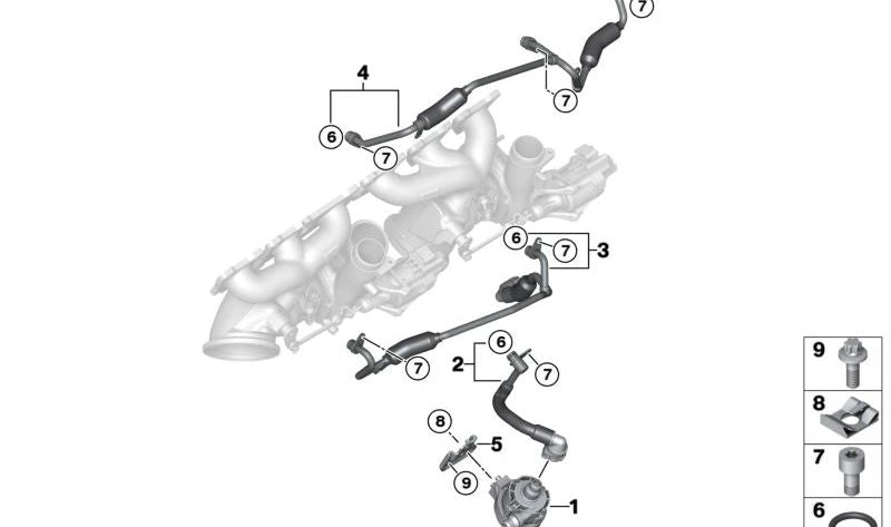 Tubo conexión bomba agua a bloque motor OEM 11537848505 para BMW F87, F80, F82, F83 M2, M3, M4 con motor S55. Repuesto original BMW.