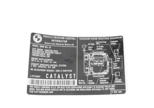 Etiqueta de gases de escape OEM 71227832360 para BMW E39, E52. Original BMW.