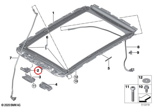 Motor techo panorámico OEM 67617933149 para BMW G01, F97, G02, F98, G05, F95, G06, F96, G07. Original BMW.