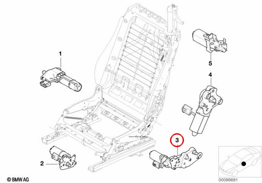 Motor ajuste altura asiento izquierdo OEM 67667011737 para BMW E46, E63, E64. Original BMW.
