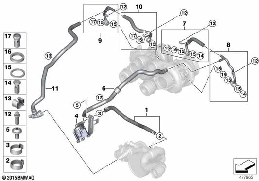 Exhaust Turbocharger Return Coolant Pipe for BMW X5 F85, X6 F86 (OEM 11537848375). Original BMW.