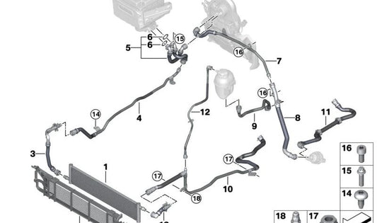 Tubería de retorno delantera OEM 17128472309 para BMW G05, G06, G07 (X5 y X6) xDrive30d, xDrive40d, 40d. Compatible con modelos diésel con tracción total desde 2020 a 2028. Original BMW.