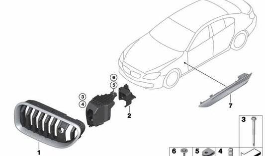 Rejilla decorativa delantera izquierda OEM 51137370389 para BMW F06, F12, F13. Original BMW.