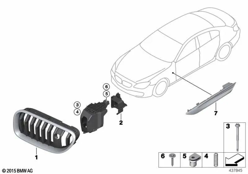 Grade decorativa frontal direita para BMW 6 F06N Series, F12N, F13N (OEM 51137370390). BMW original.