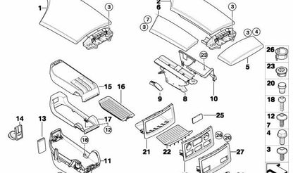 Tapa reposabrazos consola central OEM 51167897056 para BMW E60, E61. Original BMW.