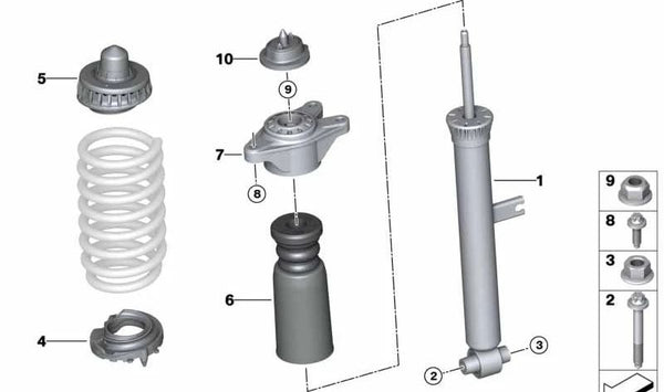 Amortiguador trasero OEM 33506885150 para BMW G21, G21N. Compatible con vehículos con tracción total (AWD). Repuesto original BMW.
