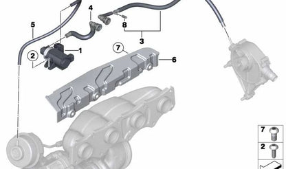 Tubo de vacío OEM 11657607727 para BMW F20, F21, F22, F30, F31, F34, F32, F33, F36, F07, F10, F11, F18, E84, F25, F26, E89. Original BMW.