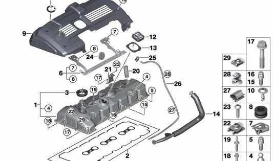 Clip tuerca OEM 11127565497 para BMW Serie 1 E81, E82, E87 (125i, 130i) con motor N52K. Compatible con versiones manuales y automáticas. Original BMW.