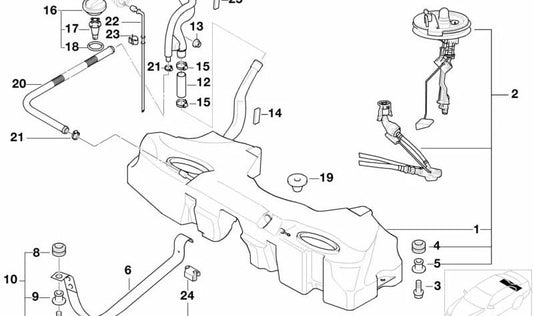 Depósito de combustible de plástico 70L con aforador izquierdo OEM 16146752367 para BMW Serie 5 E39. Original BMW.