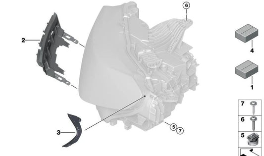 Soporte derecho de faro delantero OEM 63115A431A6 para BMW Serie 2 U06 (216i, 218d, 218i, 220d). Compatible con todos los modelos indicados. Pieza original BMW.