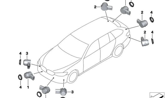 Sensor de aparcamiento ultrasónico color azul Phytonic OEM 66209826965 para BMW F40, F44, G20, G20N, G21, G21N, G28, G28N, G80, G81, G30N, G31N, G38N, G32N, G11N, G12N, G01N, G08E, G08F, G08N, G02N, G05, G18, G06, G07. Original BMW.