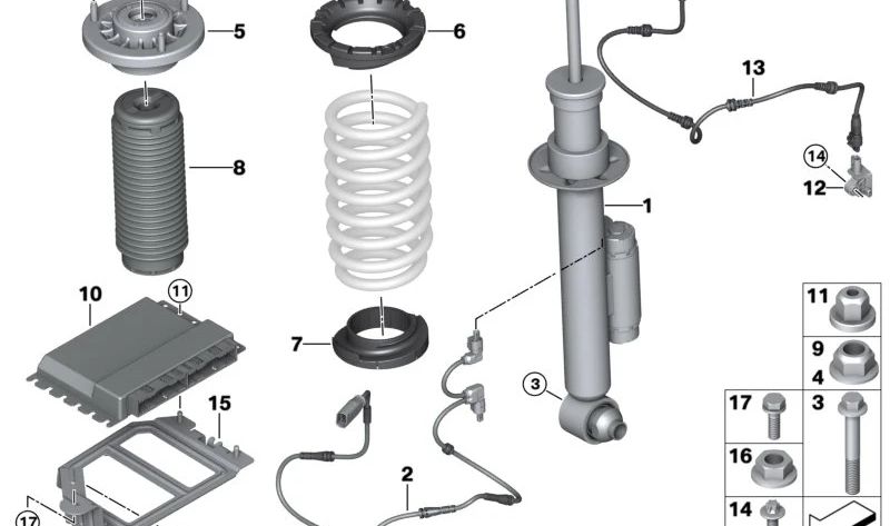 Amortiguador trasero izquierdo con VDC OEM 37106878103 para BMW G14, G15 {840d xDrive, 840i, 840i xDrive, M850i xDrive}. Original BMW.