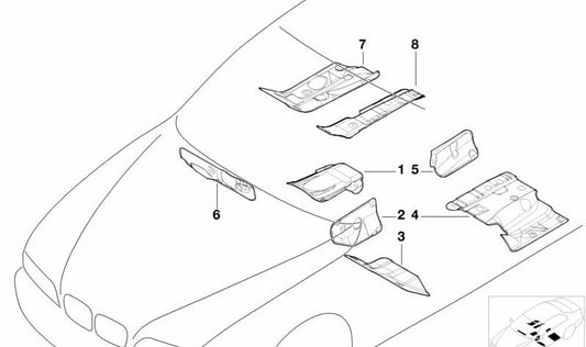 Aislante insonorizante interior suelo derecho OEM 51488165638 para BMW E39 520d, 520i (todos los motores y transmisiones indicados, años 1996–2003). Original BMW.