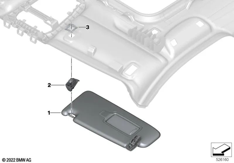 Sun visor counterplate for BMW Series 2 U06, Series 3 G20, G20N, G28N, Series 5 G30, G30N, G31, G31N, G38, G38N, Series 6 G32, G32N, Series 8 G15, G16, X1 U11, U12, X6 G06 (OEM 51167465198). Genuine BMW.