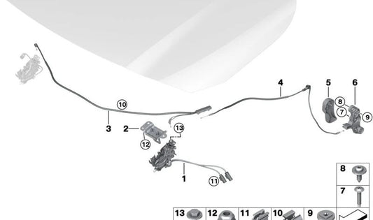 Trava do capô dianteiro com interruptor esquerdo OEM 51239879999 para BMW U06 (Série 2 Active Tourer). BMW originais.