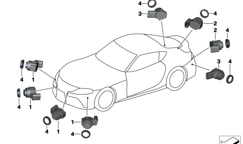 Capteur de stationnement à ultrasons OEM 66207927799 pour BMW F44. Compatible avec le système d'aide au parking. Couleur de Storm Bay. BMW d'origine.